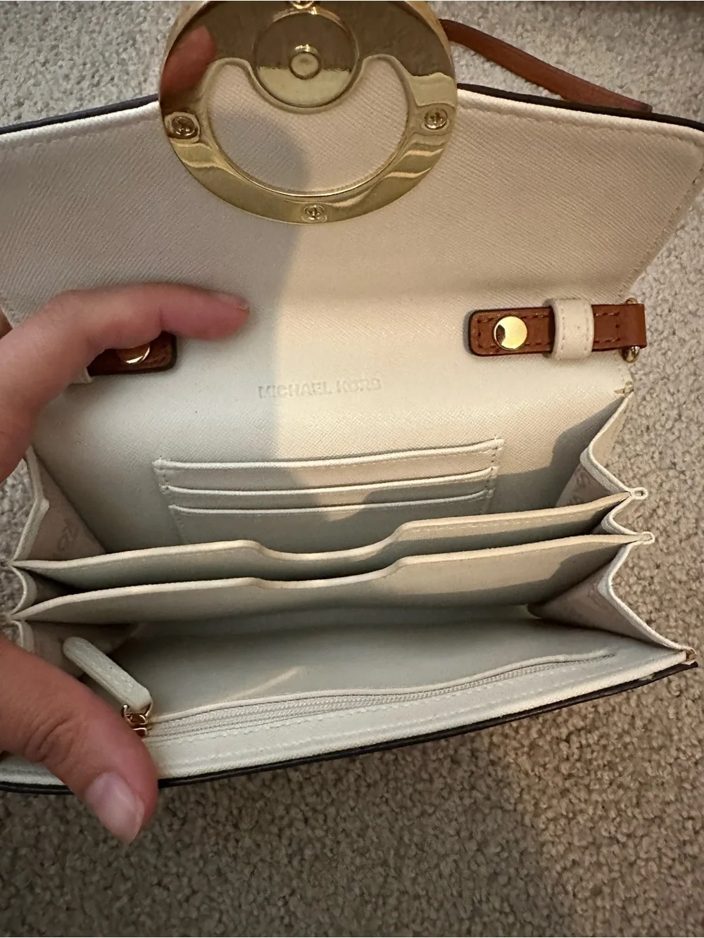 Michael Kors Brown Leather & Cream MK Logo Crossbody Wallet with Gold Logo
